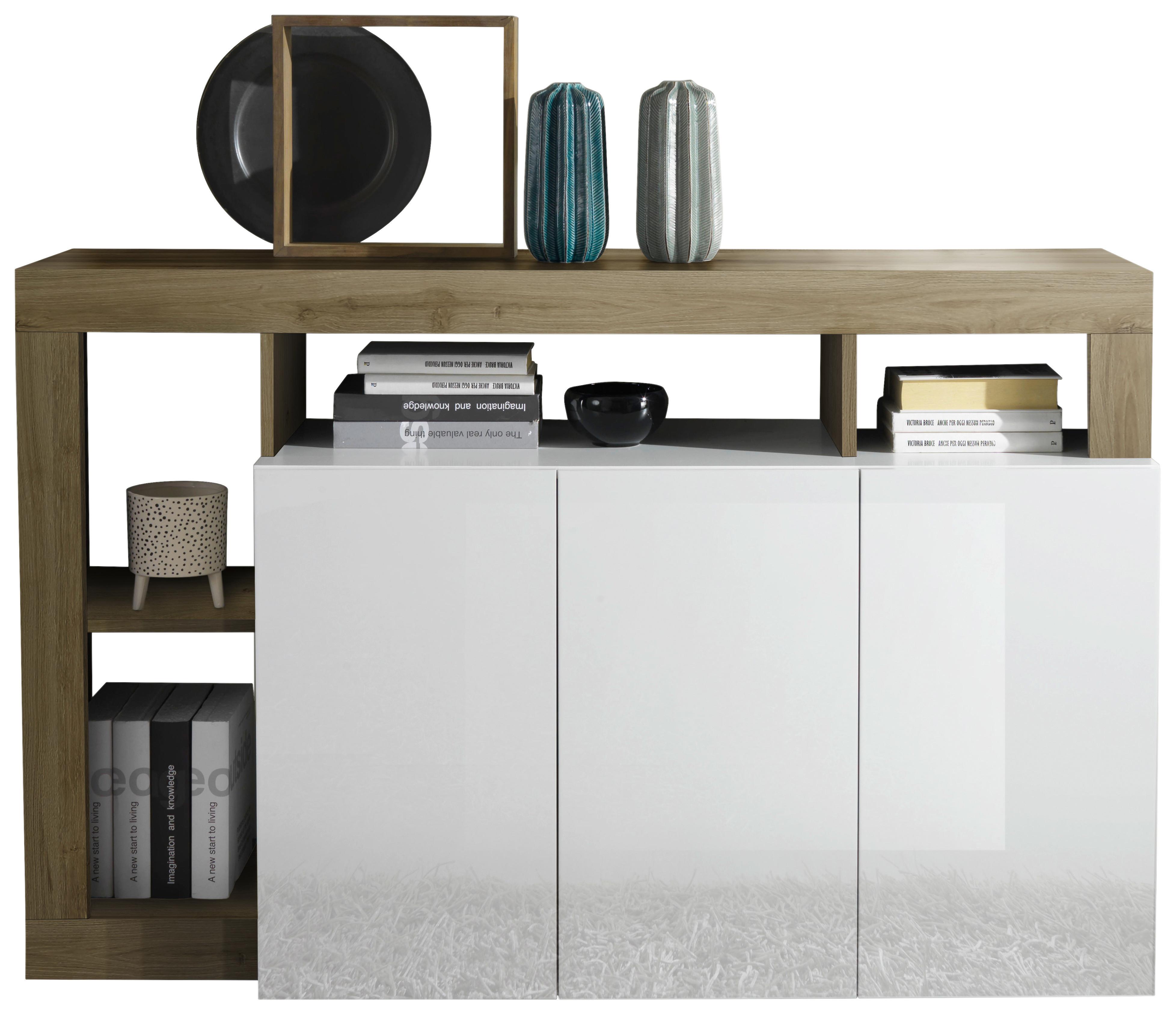 Sideboard Hamburg Eiche Dekor, Weiß HG B: 146cm - Weiß Hochglanz/Eichefarben, MODERN, Holzwerkstoff (146/93/42cm)