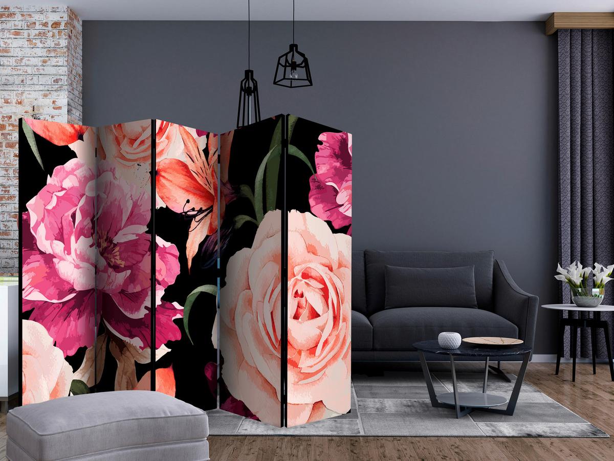 Paravent Schwarz Pink B: 225 cm - Pink/Schwarz, Basics, Holz/Textil (225/172/3cm) - artgeist