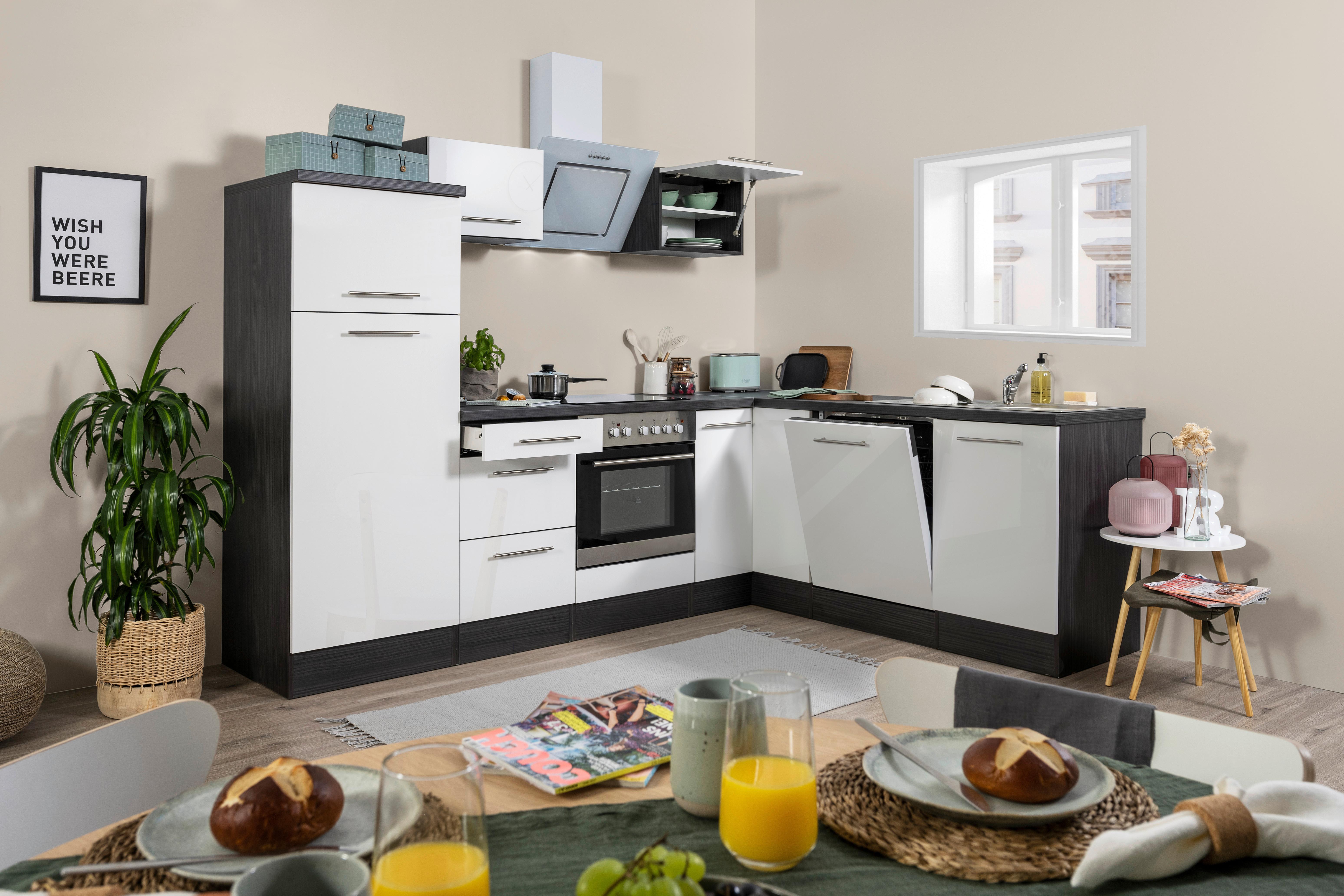 Eckküche Rp260ewc Mit Geräten 260x200 Cm Weiß - Weiß Hochglanz/Weiß, KONVENTIONELL, Holzwerkstoff (260/200cm) - Respekta