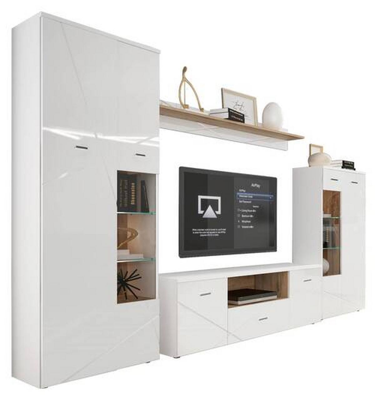 Wohnwand Modern 4 Tlg. Mit Led Storm, Weiß - Eichefarben/Schwarz, MODERN, Glas/Holzwerkstoff (340/196/40cm) - MID.YOU