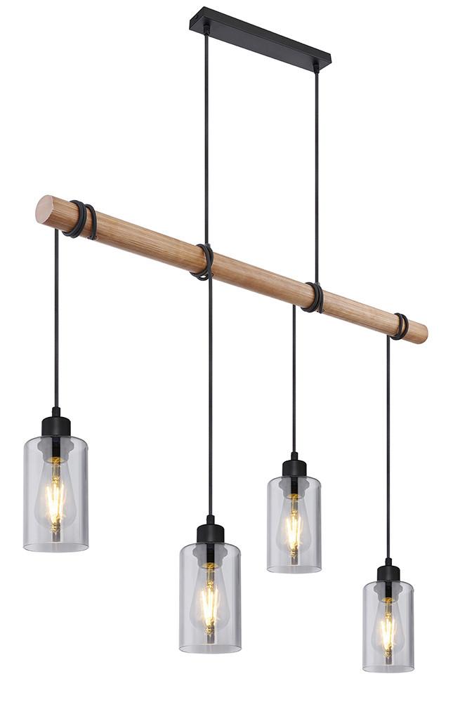 Hängeleuchte Hadera H: 130 cm 4-Flammig, Rauchglas - Schwarz/Braun, Natur, Glas/Holz (98/15/130cm) - Globo