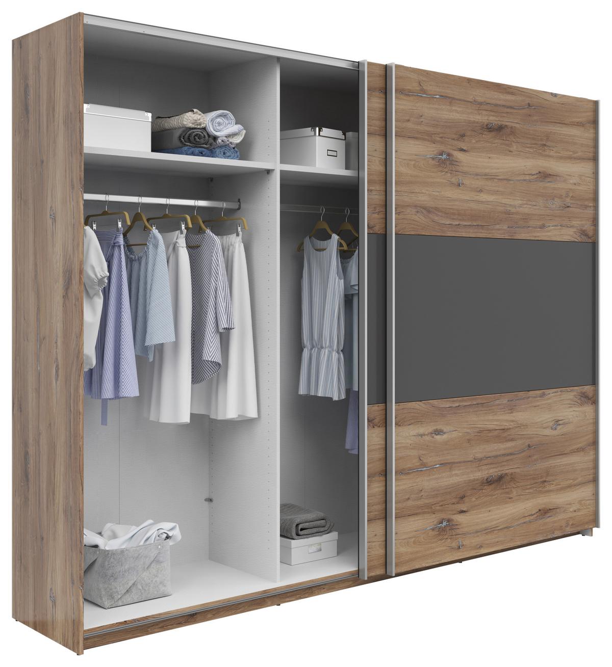 Schwebetürenschrank B: 270 cm Flagstaff Eiche / Graphit - Eiche dunkel/Graphitfarben, KONVENTIONELL, Holzwerkstoff (270/210/59cm)