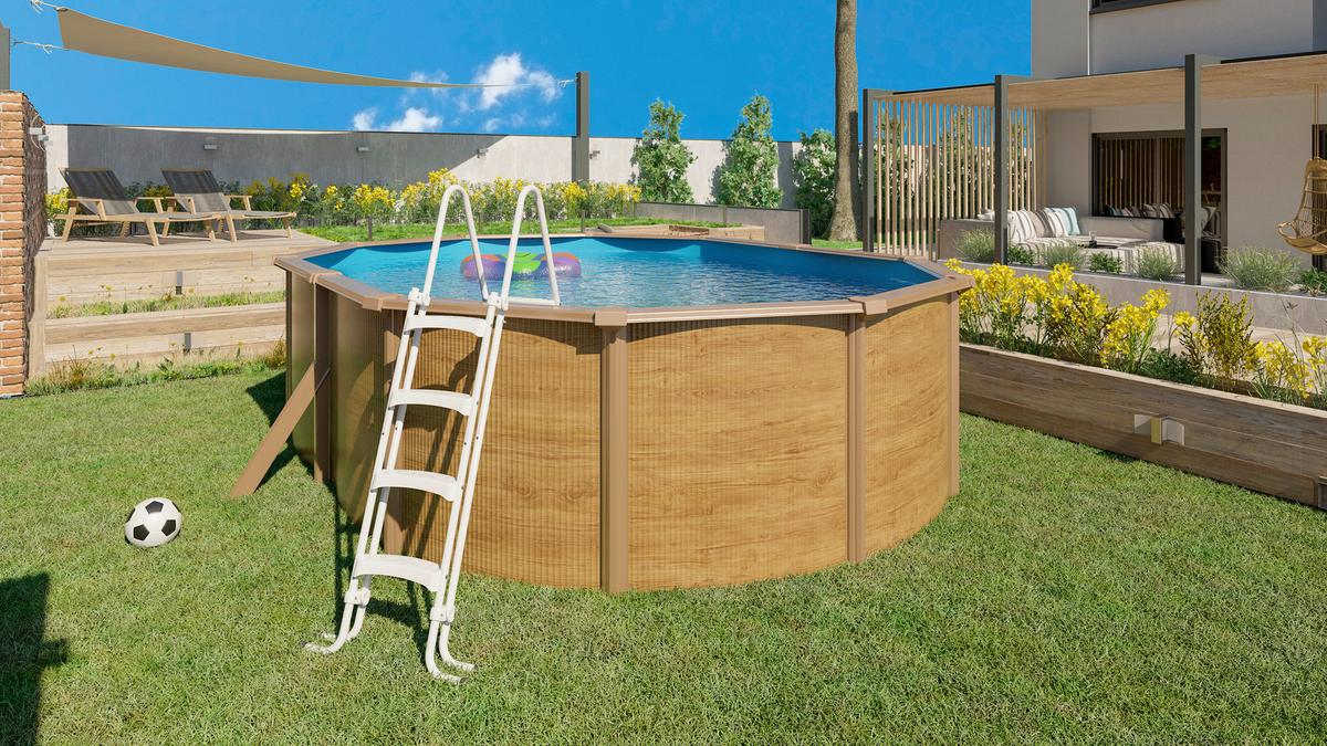 Pool-Set Steely De Luxe Wood 3-teilig, Laufruhige Pumpe - Hellbraun/Hellblau, Basics, Metall (515/390/120cm)