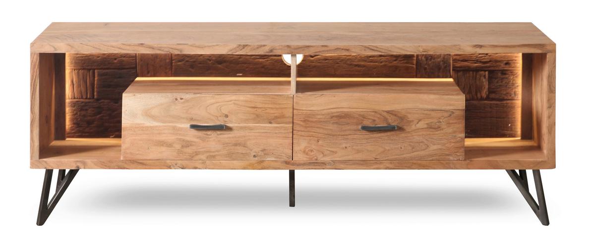 Lowboard Indira Akazie Massiv, B: 175 cm - Schwarz/Akaziefarben, ROMANTIK / LANDHAUS, Holz/Metall (175/60/40cm)