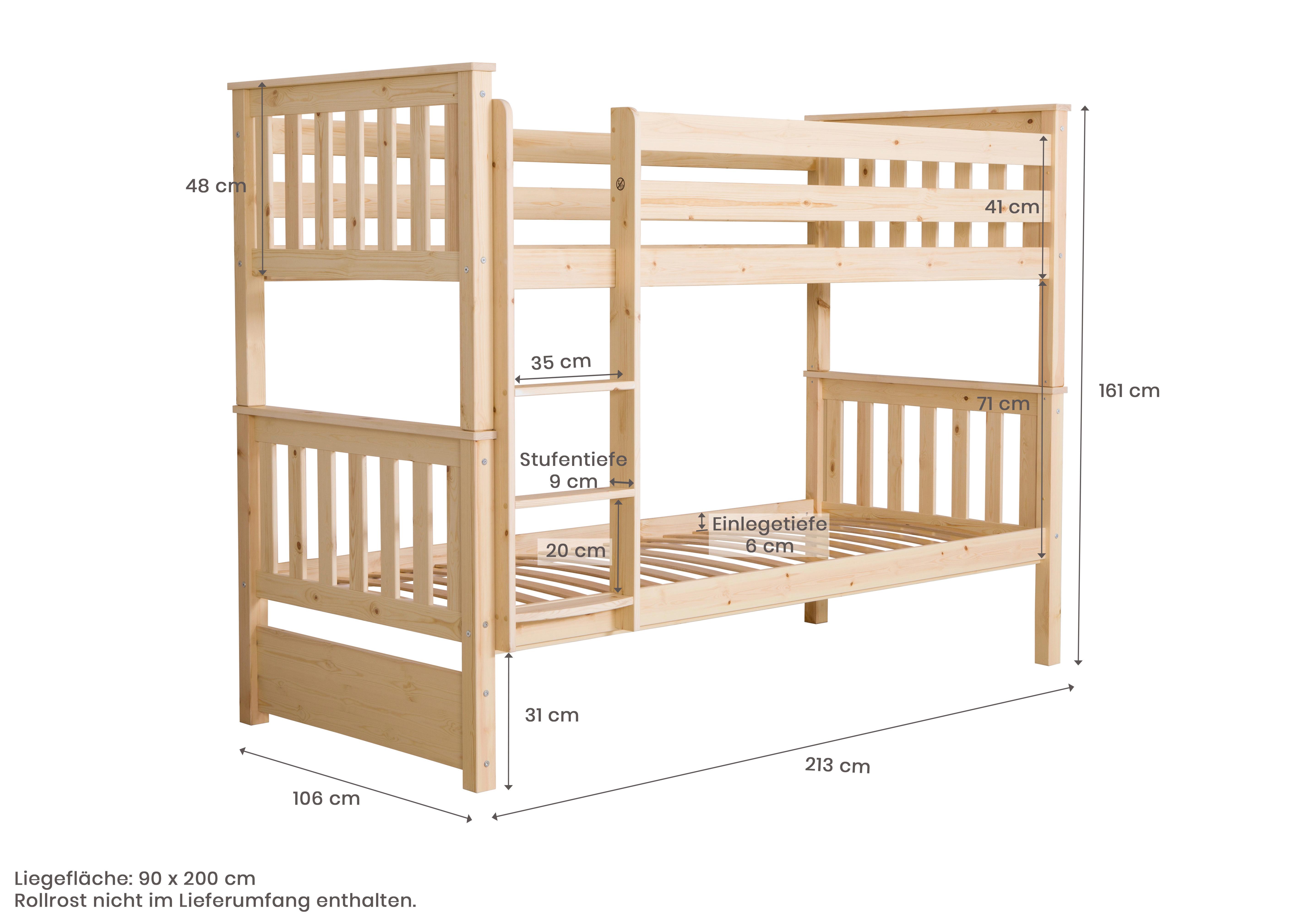 Etagenbett Sammy Kiefer Massiv Inkl. Bettkasten + Leiter - Naturfarben, MODERN, Holz (90/200cm) - MID.YOU