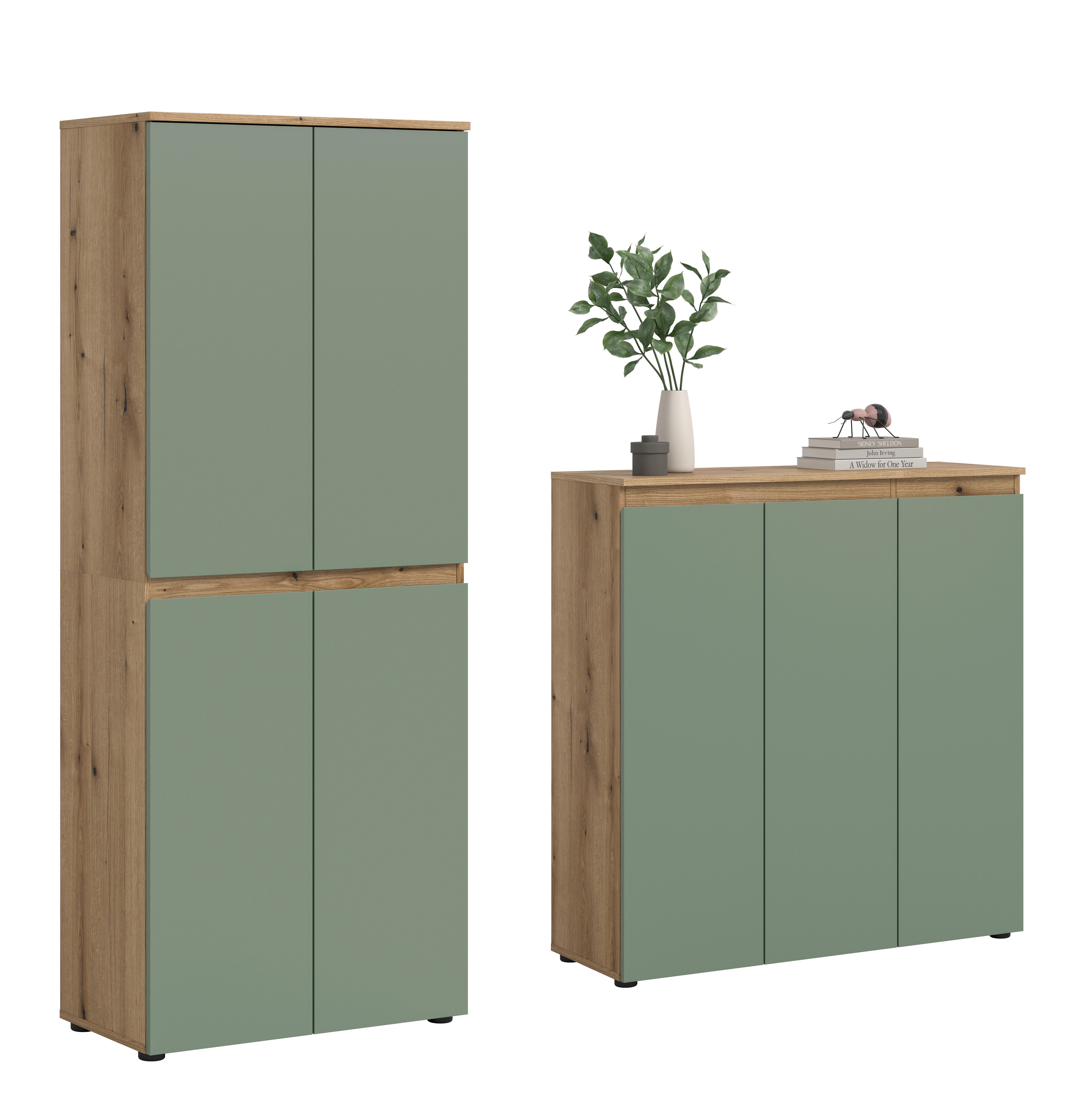 Garderobenschrank Scarpa Eiche Dekor, Graugrün B: 140cm - Eichefarben/Schwarz, Design, Holzwerkstoff (190/175/37cm) - Livetastic