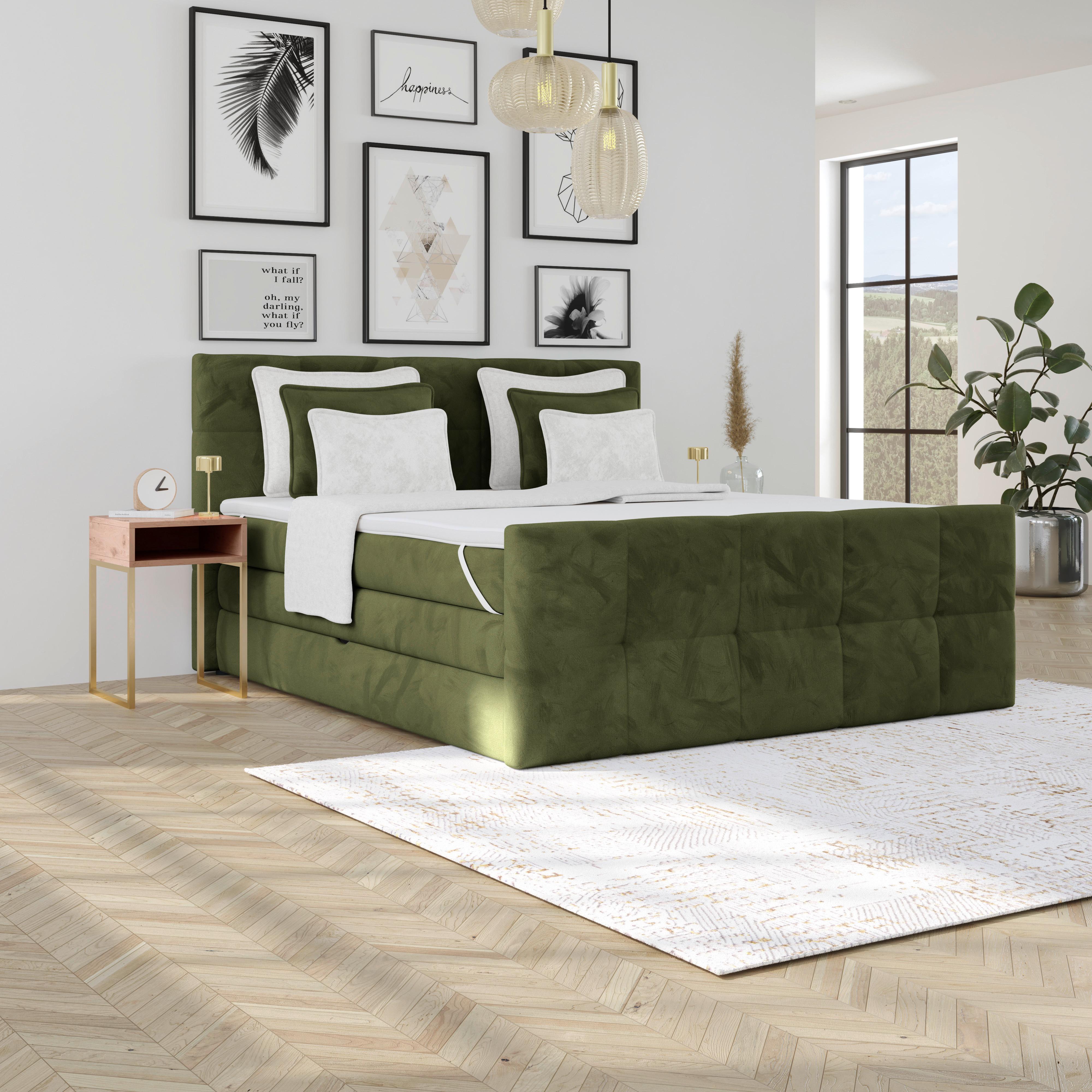 Boxspringbett mit Topper und Bettkasten 180x200 cm Medino - Dunkelgrün, KONVENTIONELL, Holz/Holzwerkstoff (180/200cm) - Luca Bessoni
