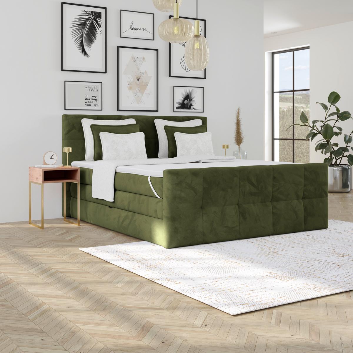 Boxspringbett mit Topper und Bettkasten 160x200 cm Medino - Dunkelgrün, KONVENTIONELL, Holz/Holzwerkstoff (160/200cm) - Luca Bessoni