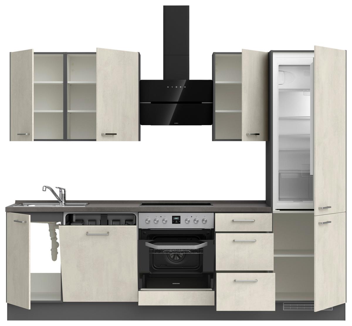 Kuchynská linka 270CM biely betón/ bridlicová šedá - biela/farba ušľachtilej ocele, Modern, kov/kompozitné drevo (270cm) - Nobilia