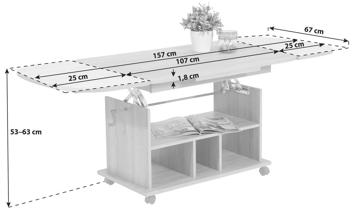 Couchtisch Höhenverstellbar + Ausziehbar Babsi Eiche Dekor - Sonoma Eiche, MODERN, Holzwerkstoff/Kunststoff (107-157/67/53-63cm) - MID.YOU