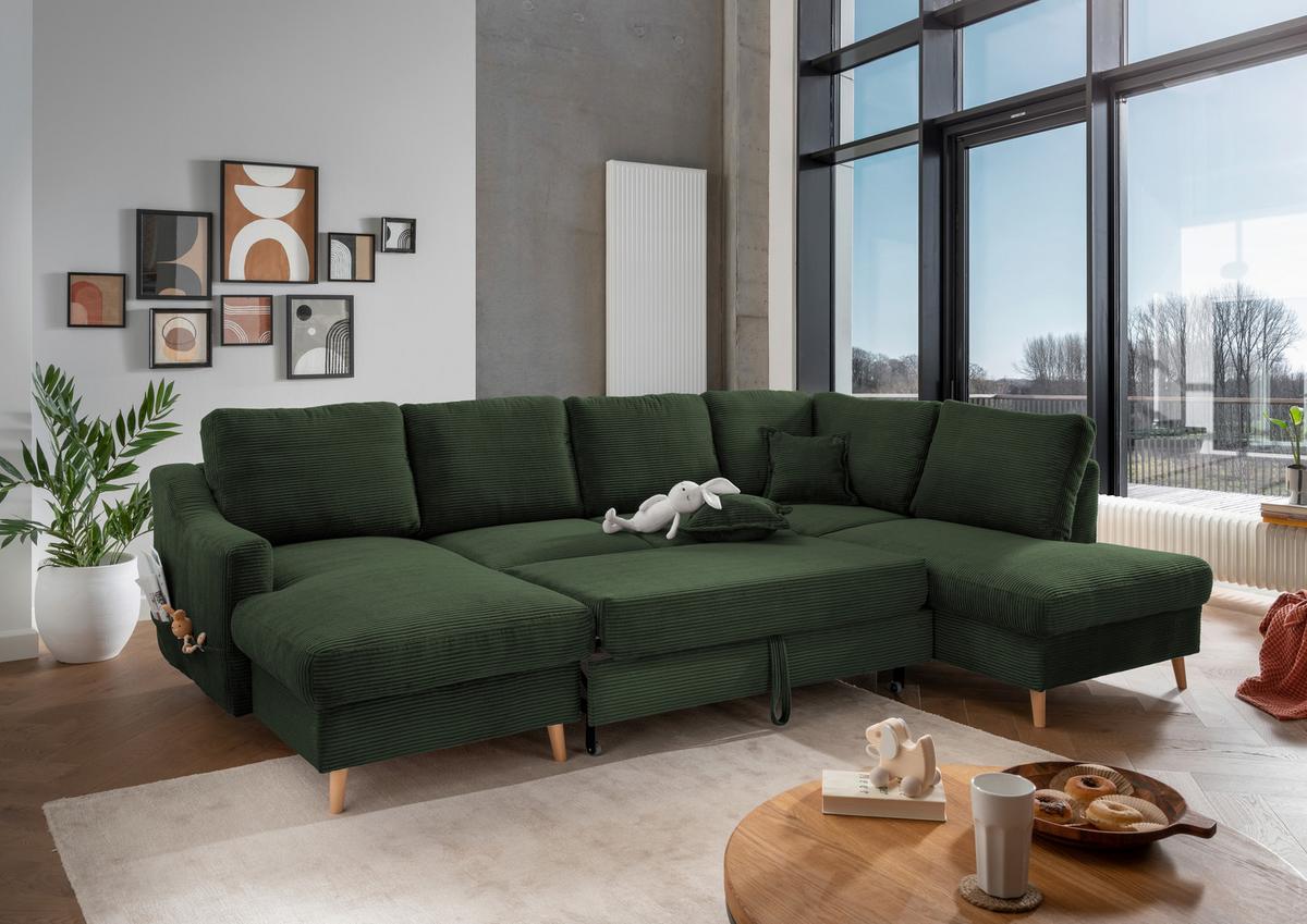 Wohnlandschaft Valentina - Dunkelgrün/Naturfarben, KONVENTIONELL, Textil (150/301/200cm) - P & B