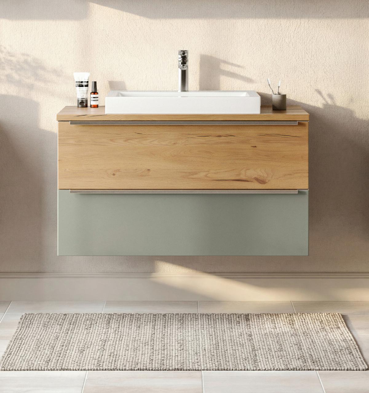 Waschtischkombi Verona Wildeiche/Schilfgrün B: 100cm - Schilfgrün/Wildeiche, Trend, Holzwerkstoff/Stein (100/63/47cm) - Held