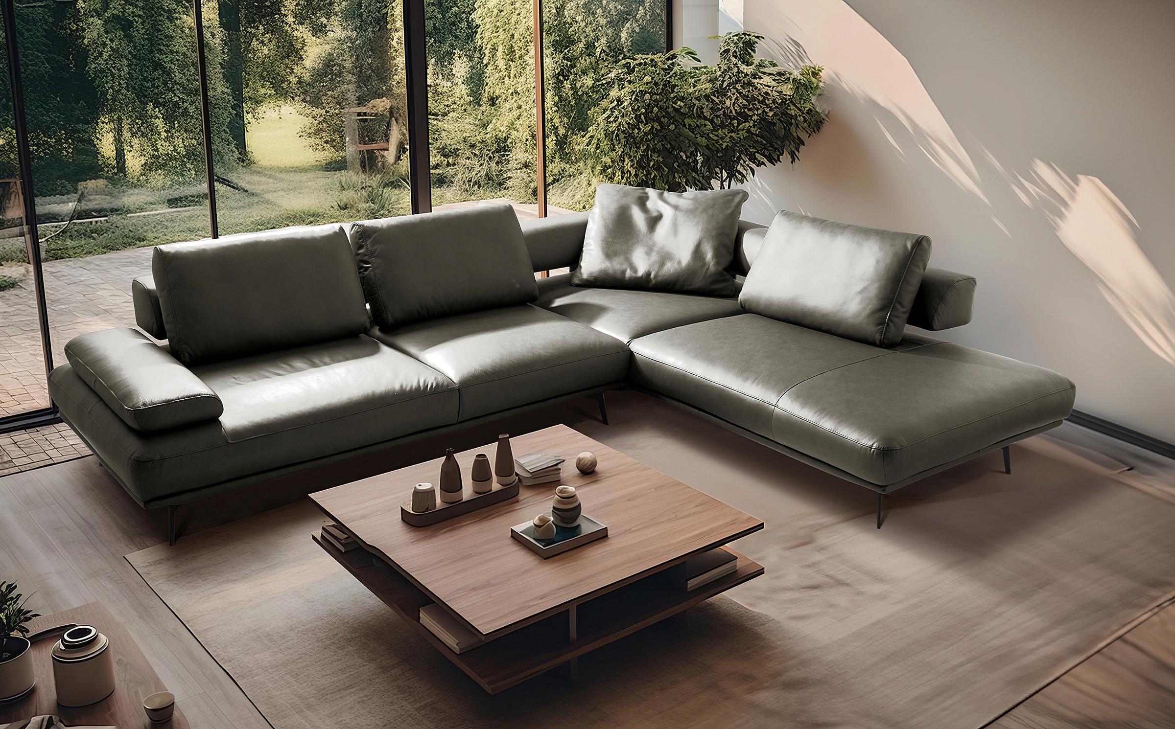 Ecksofa Como Echtleder Grau 306x237 - Schwarz/Grau, Design, Leder (306/237cm) - Livetastic