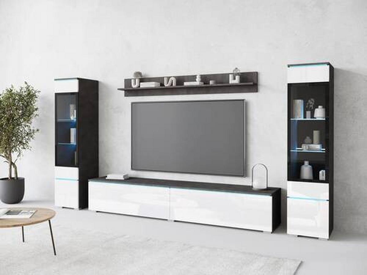 Obývacia stena VERA - sivá/biela s vysokým leskom, Design, kompozitné drevo/plast (240/130/33cm) - Livetastic