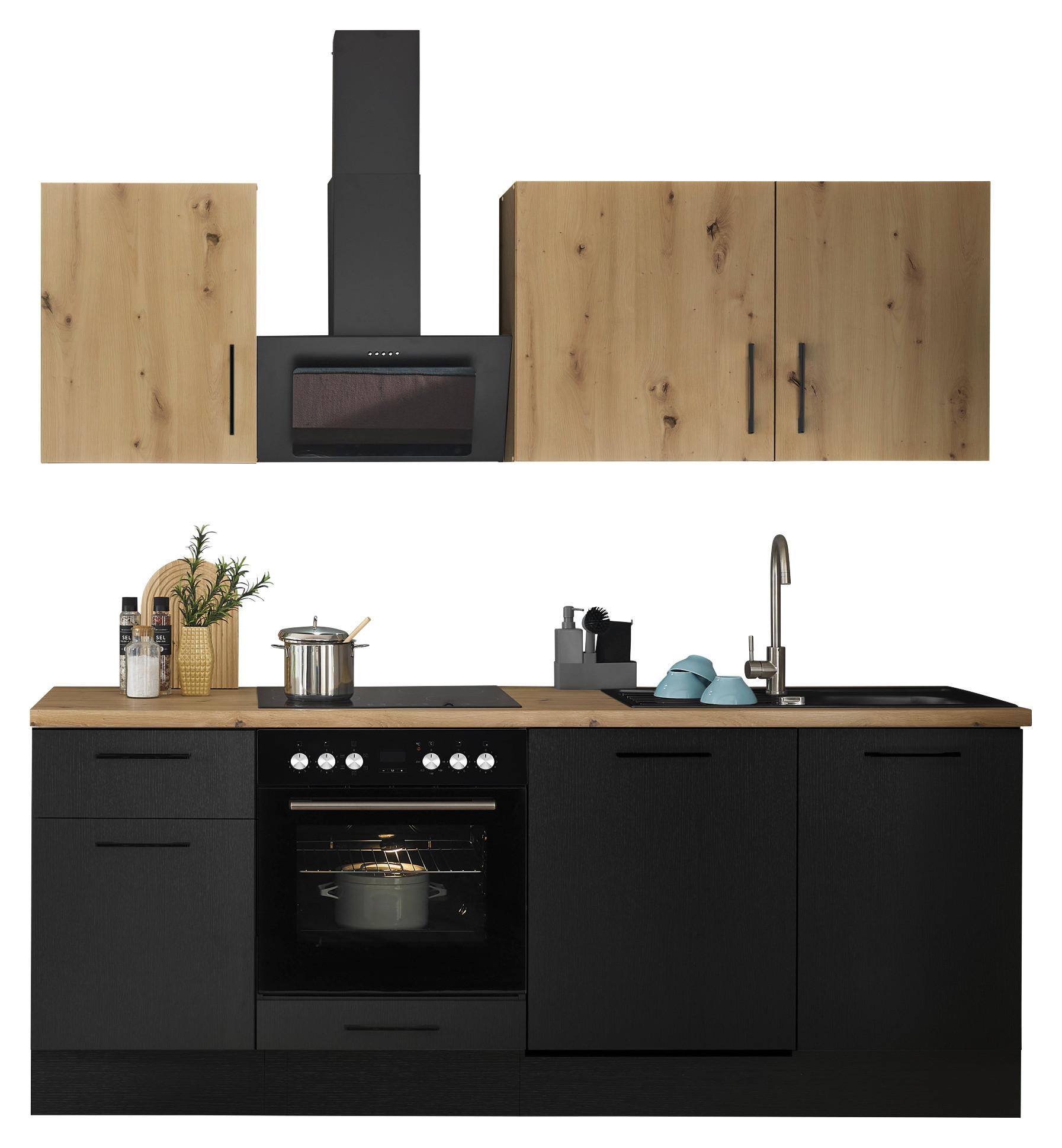 Küchenblock Turin Schwarz/Eiche Dekor B: 220 cm - Schwarz/Eiche Artisan, Basics, Holzwerkstoff (220cm) - MID.YOU