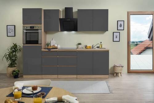 Küchenzeile Premium m. Geräten 270 cm Eiche Sägerau Hochglanz - Eichefarben/Grau, MODERN, Holzwerkstoff (270cm) - Respekta