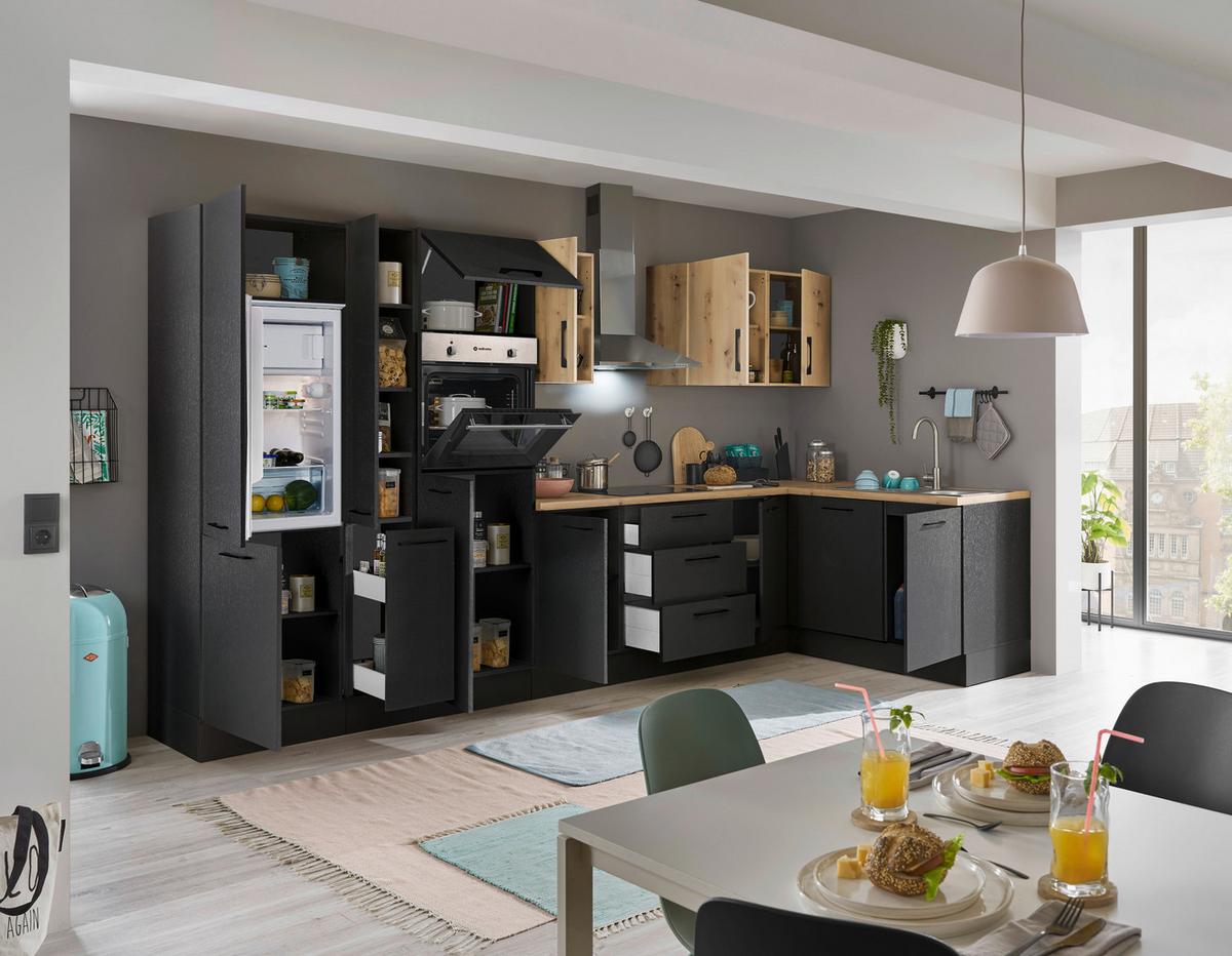 Eckküche Turin Schwarz/Eiche Dekor 370x175 cm - Schwarz/Eiche Artisan, Basics, Holzwerkstoff (370/175cm) - MID.YOU