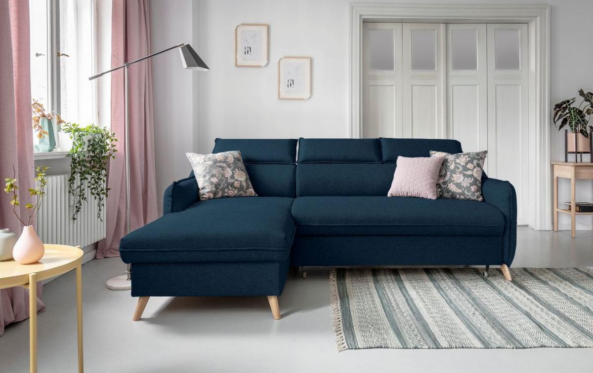 Rozkládací sedačka Simone, levé provedení - přírodní barvy/tmavě modrá, Moderní, dřevo/textil (228/82/95/162cm)