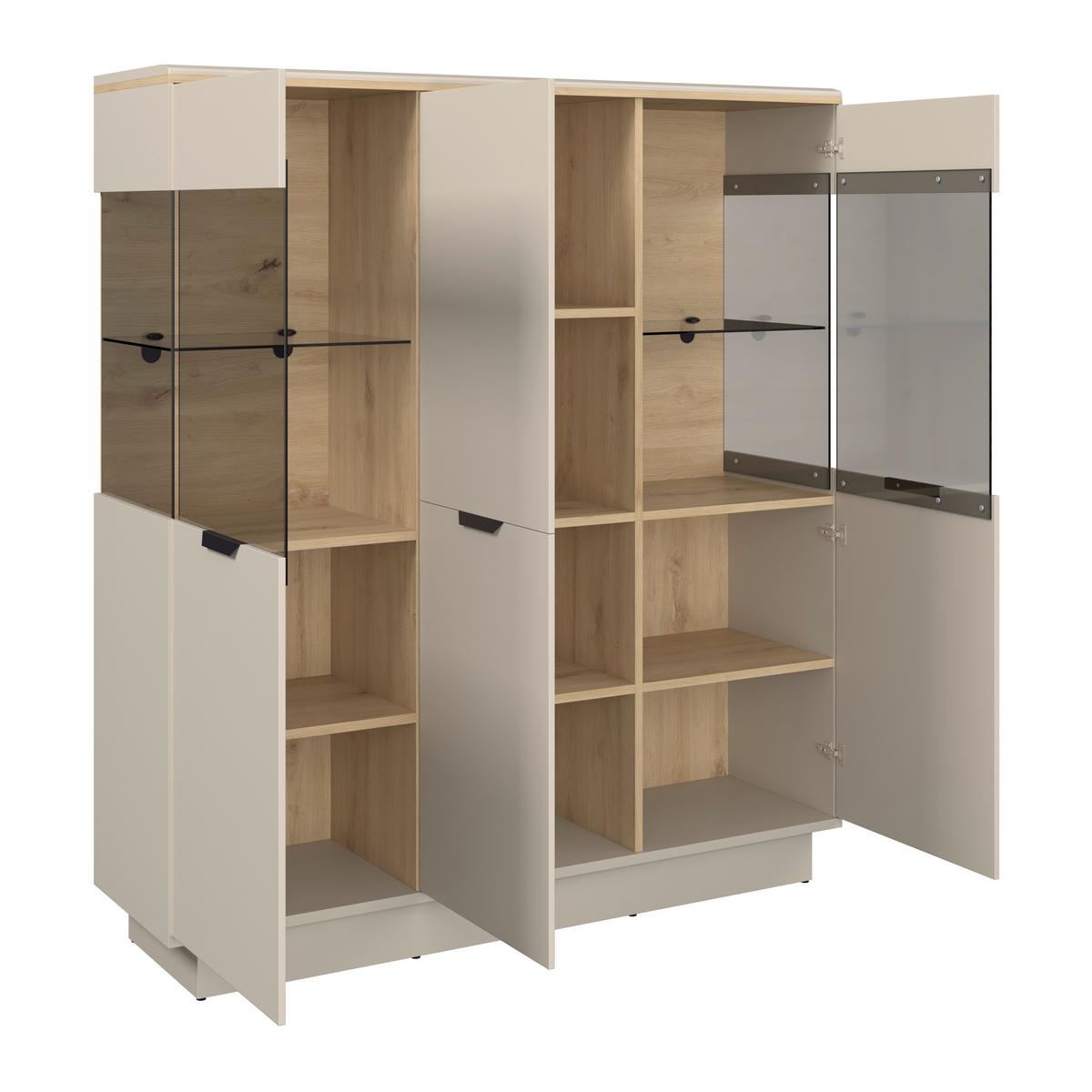 Highboard Darius Eiche Artisan/Kashmir,B:132cm - Kaschmir/Schwarz, Trend, Glas/Holzwerkstoff (132/148,3/37cm)