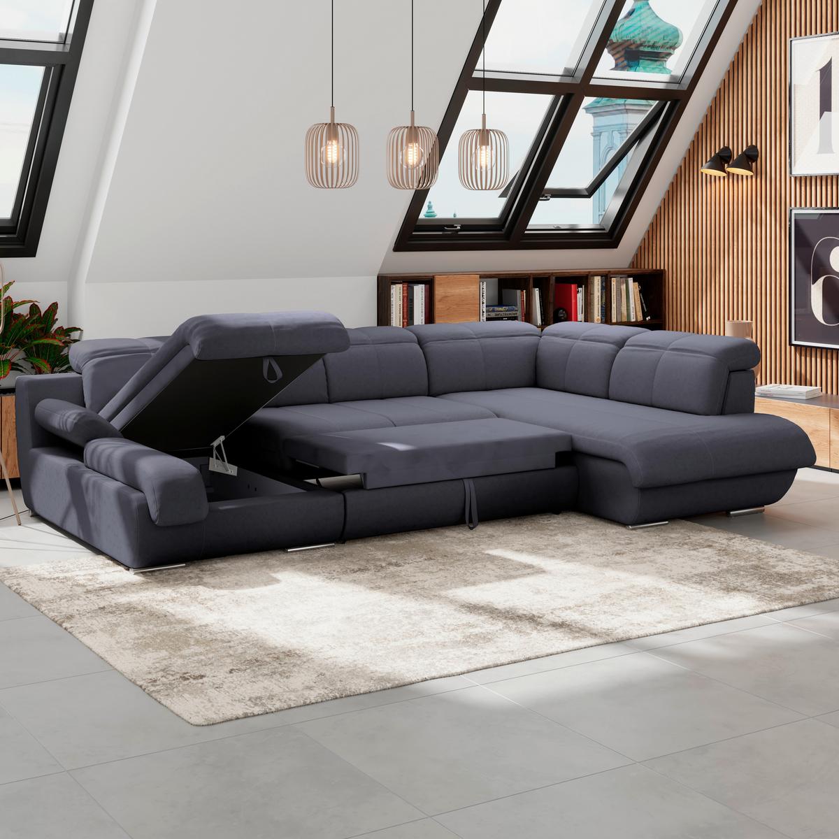 Wohnlandschaft Multi Mit Schlaffunktion Dunkelblau - Chromfarben/Dunkelgrau, MODERN, Textil (184/345/228cm) - Luca Bessoni
