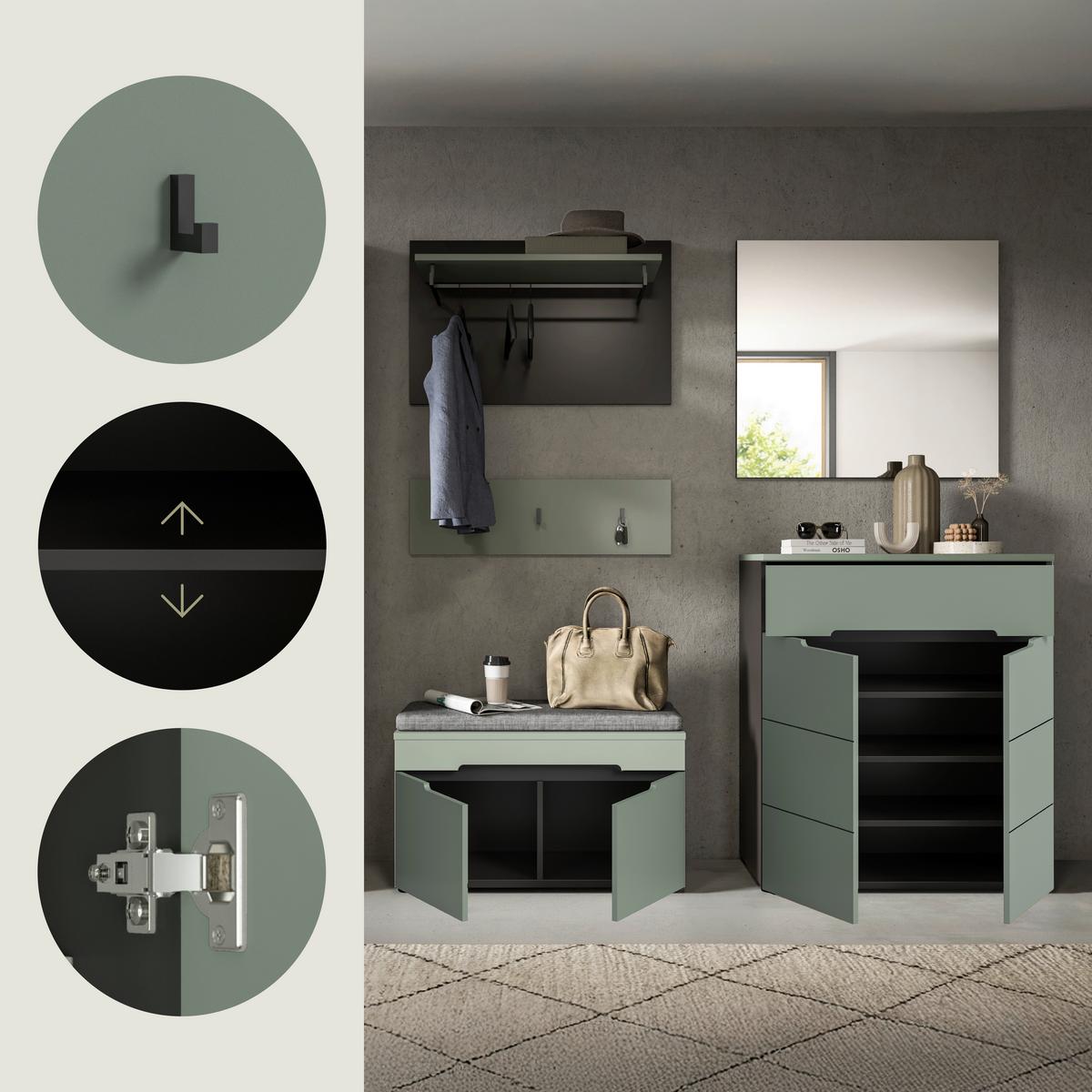 Garderobe Canu 4-teilig Grau/grün B: 175 Cm - Graugrün/Grau, Design, Holzwerkstoff (175/190/37cm) - Livetastic