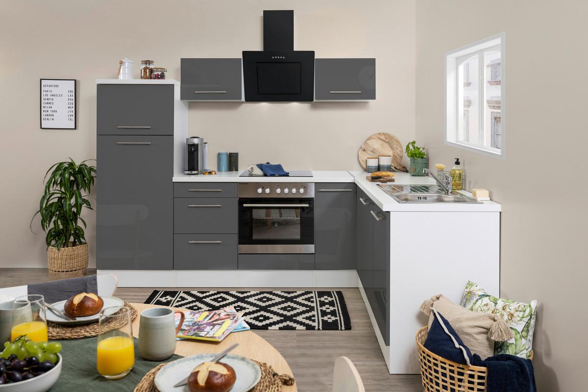 Eckküche mit Geräten 260x200 cm Grau Hochglanz - Weiß/Grau, KONVENTIONELL, Holzwerkstoff (260/200cm) - Respekta