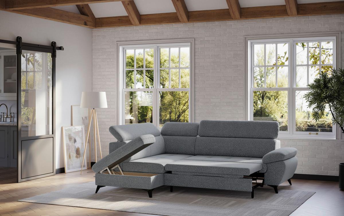 Ecksofa mit Bettfunktion Hudson, Chenille grau - Schwarz/Grau, KONVENTIONELL, Textil (207/256cm) - Sembella