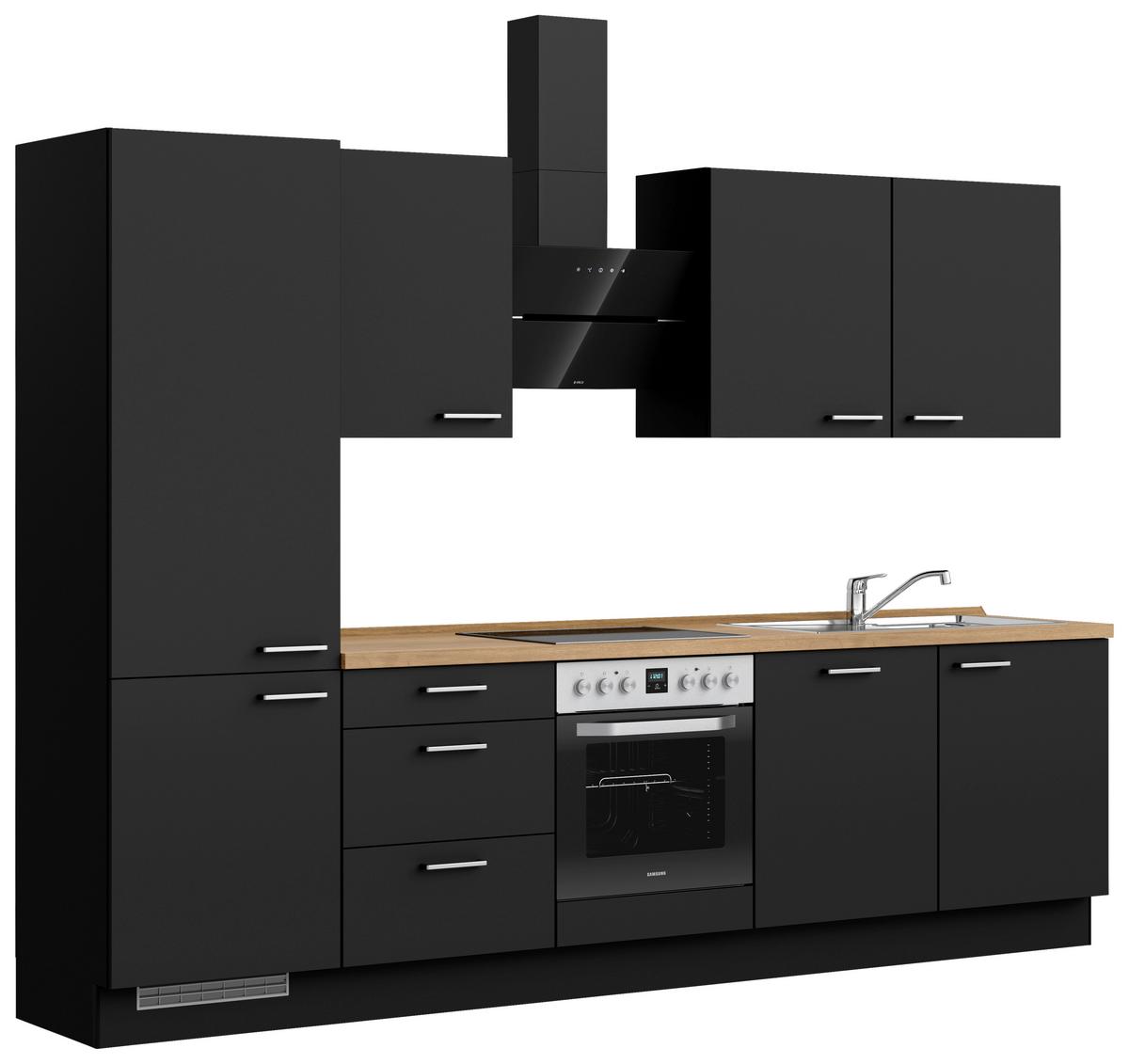 Kuchyňská linka 300 cm, černá matná/ barva dub - černá/barvy dubu, Moderní, kov/kompozitní dřevo (300cm) - Nobilia