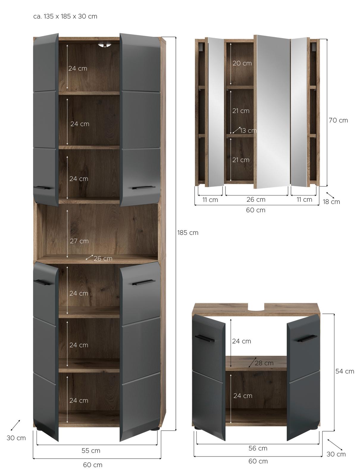 Badezimmer Ice Schwarz/Eiche Dekor B: 120cm - Eiche dunkel/Schwarz, Basics, Holzwerkstoff (120cm) - MID.YOU