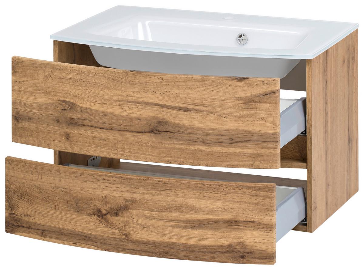 Waschbecken mit Unterschrank Kopenhagen B: 80cm Eiche Dekor - Eichefarben/Weiß, KONVENTIONELL, Glas/Holzwerkstoff (80cm) - Held