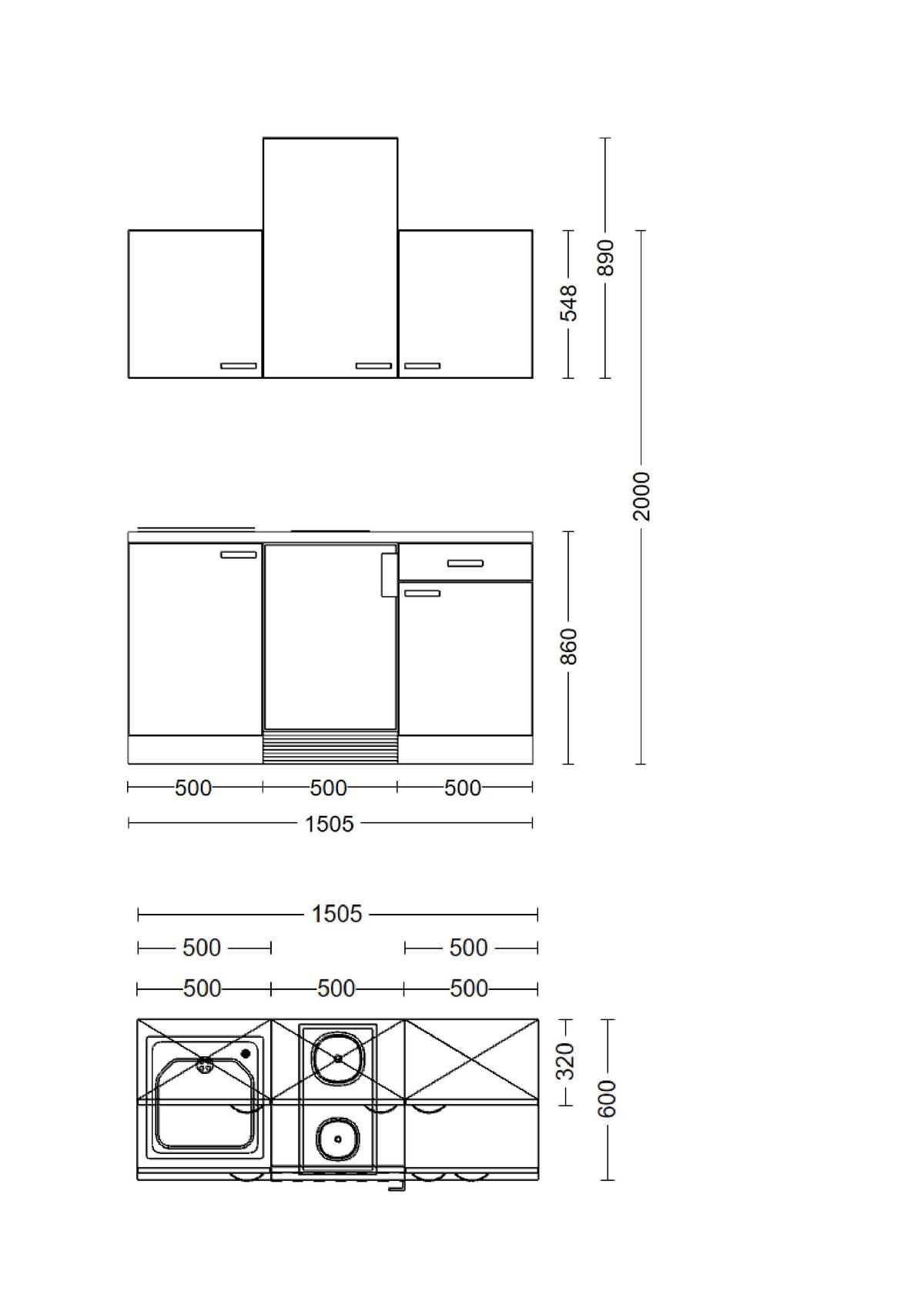 Minikuchyně NEO včetně spotřebičův a dřezu - bílá, Moderní, kompozitní dřevo (150cm) - FlexWell