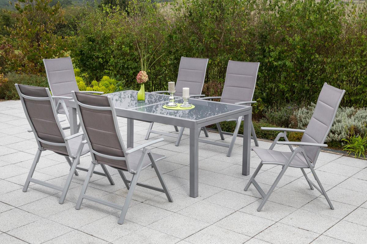 Gartengarnitur 7-Tlg. Taviano Metall/Textil/Glas - Silberfarben/Braun, ROMANTIK / LANDHAUS, Textil/Metall - Gardenson