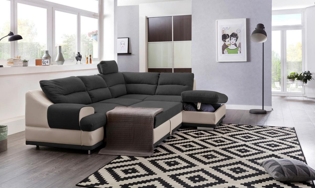 Ecksofa mit Schlaffunktion & Bk, Seaside Schwarz/Sandfarben - Sandfarben/Chromfarben, KONVENTIONELL, Textil (264/217cm) - MID.YOU