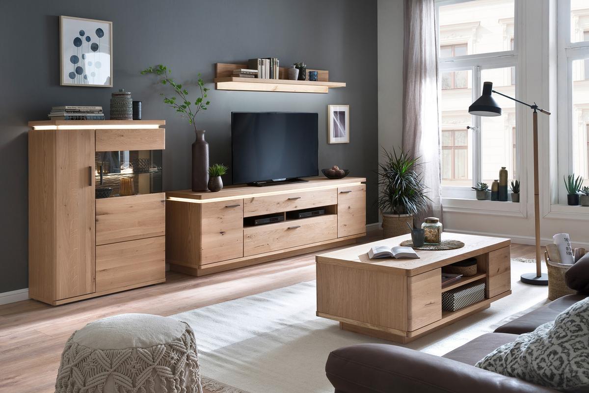 Wohnkombination teilmassiv 3tlg. mit Led Barcelona Eichef. - Eichefarben, Design, Glas/Holz (315/175/50cm) - Livetastic