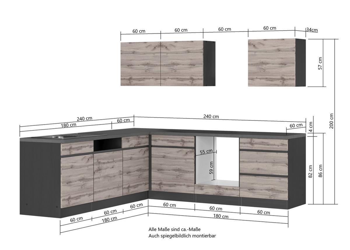 Eckküche Turin ohne Geräte 240x240 cm Graphit/Eiche Dekor - Eiche Wotan, Design, Holzwerkstoff (240/240cm) - Held