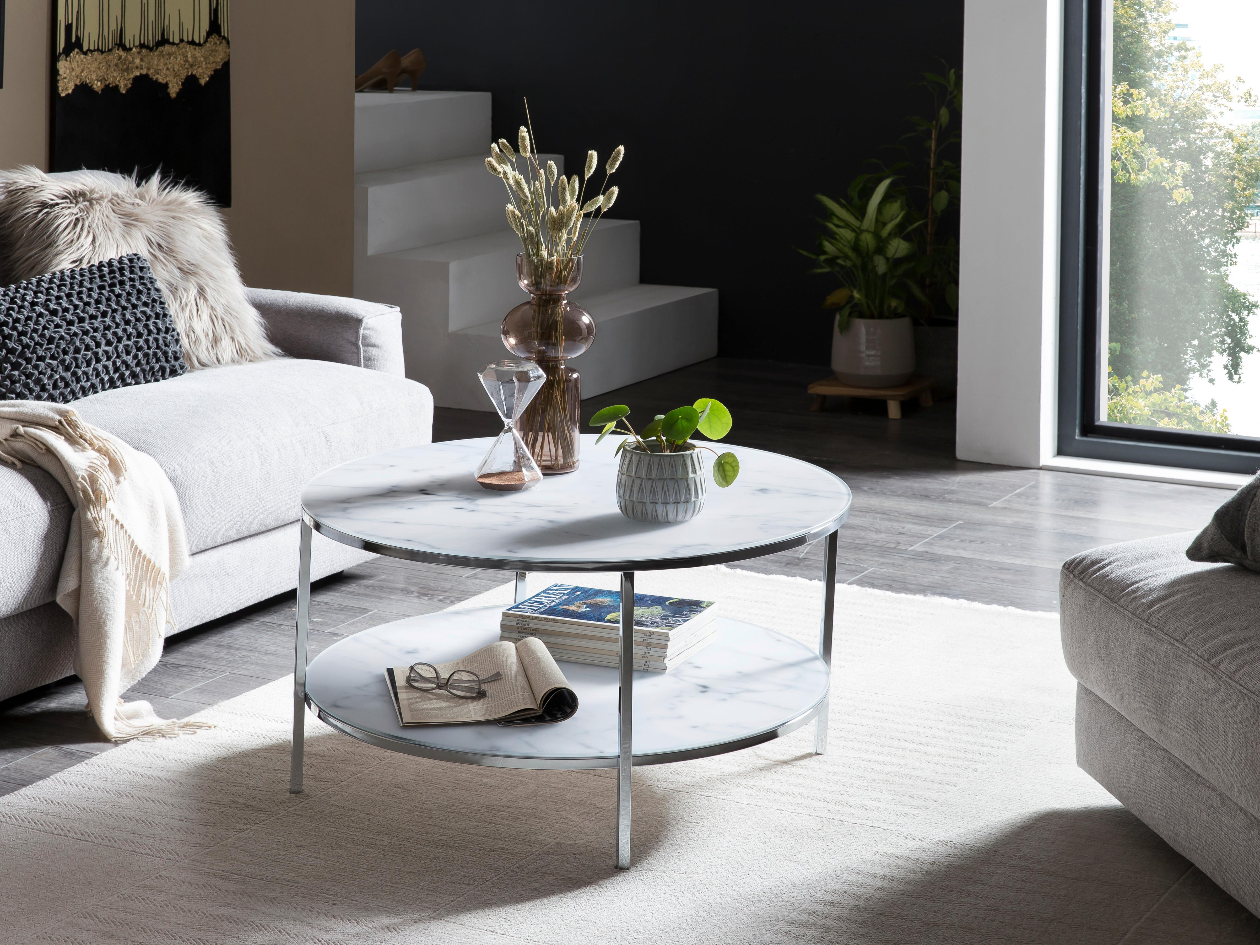 Couchtisch Weiß/chromfarben D: 80 Cm - Chromfarben/Weiß, Design, Glas/Metall (80/80/45cm) - Livetastic