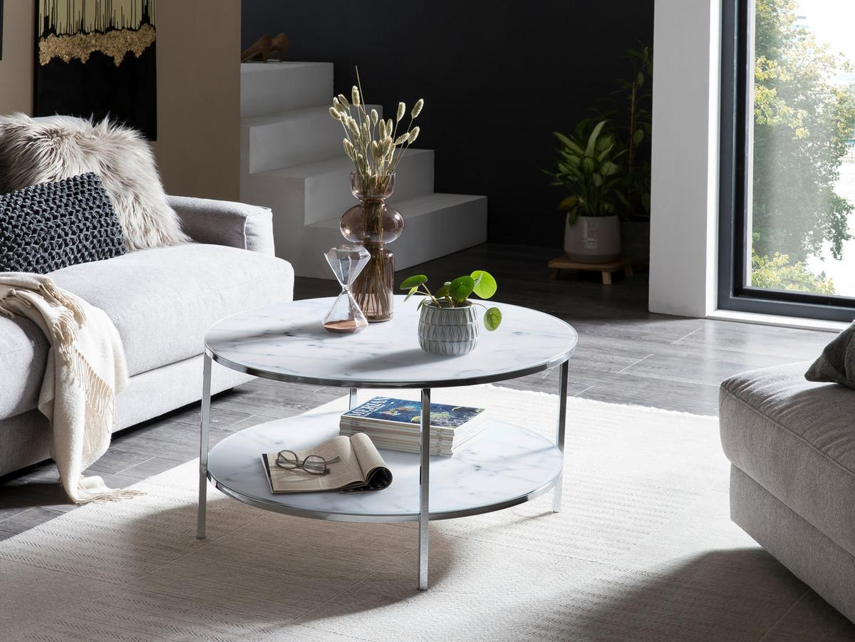 Couchtisch Weiß/chromfarben D: 80 Cm - Chromfarben/Weiß, Design, Glas/Metall (80/80/45cm) - Livetastic