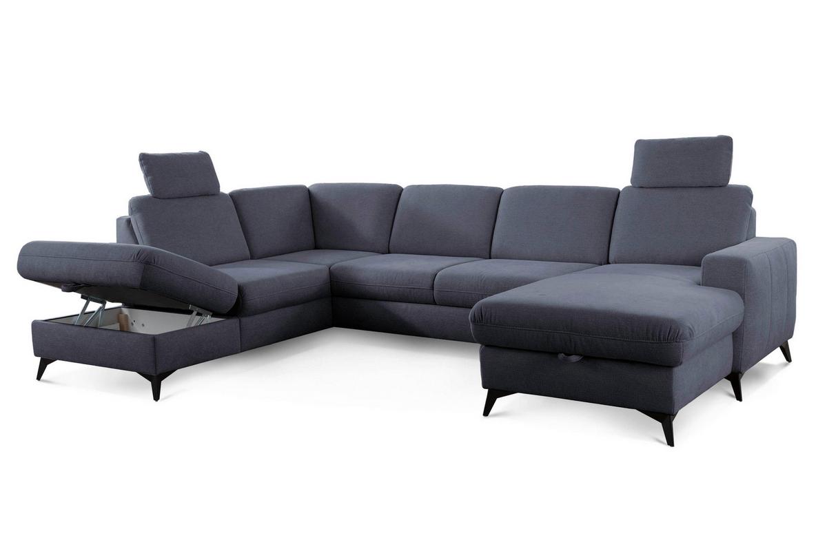 Sedačka U LOLLAND, levá, tmavě modrá, s funkcemi - černá/tmavě modrá, Moderní, kov/textil (212/303/162cm)