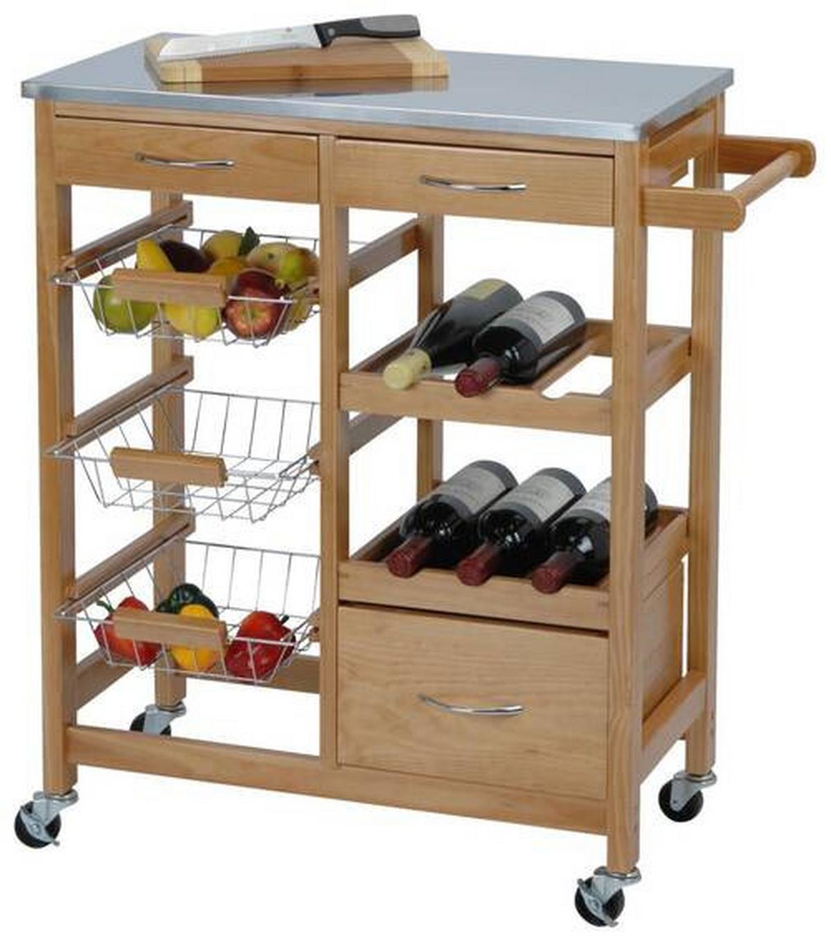 Servierwagen Holz Massiv Kieferfarben Mit 3 Ablagen - Kieferfarben, Basics, Holz (66/84/36cm)