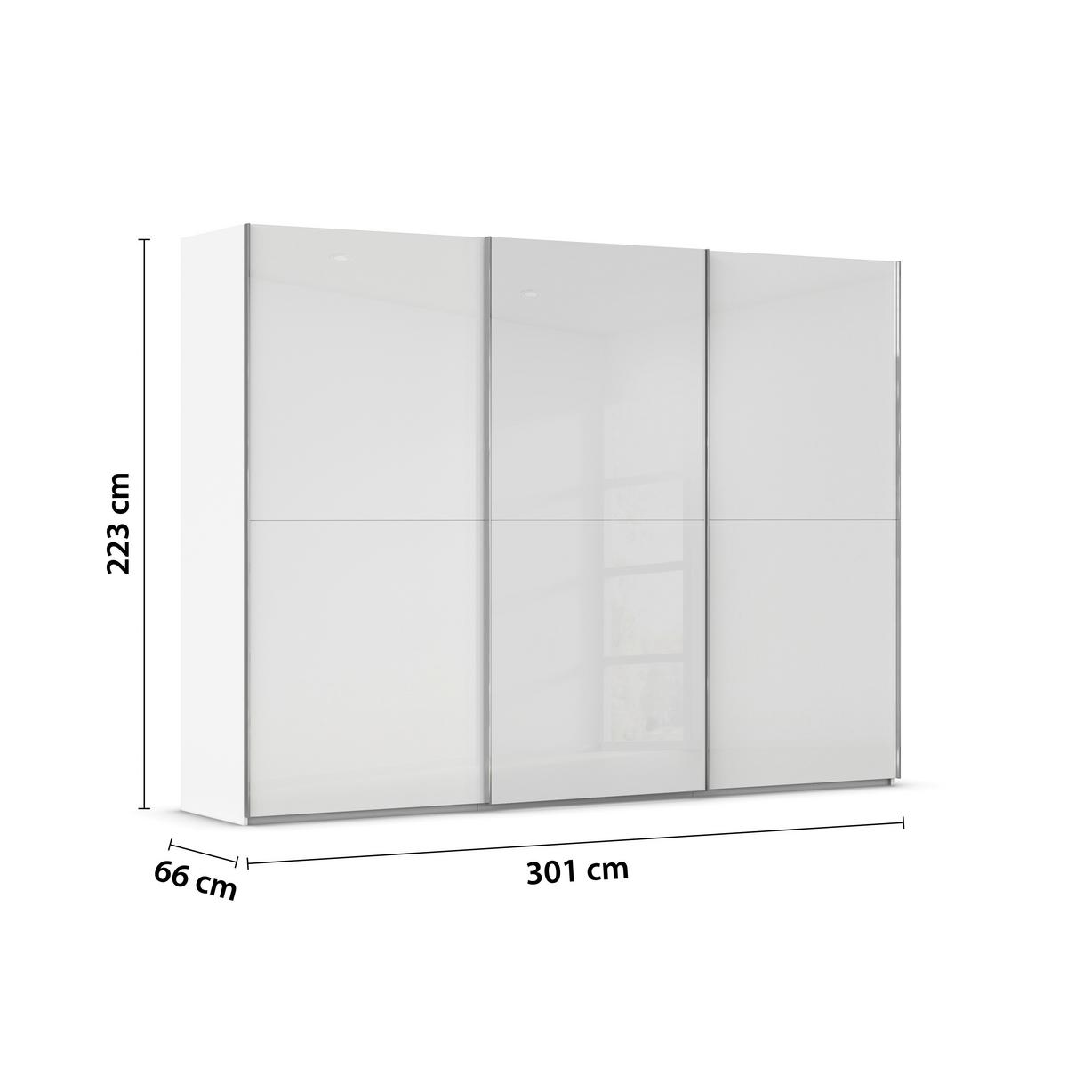 Schwebetürenschrank Fifty 3trg Weiß/weißglas, B: 301 Cm - Weiß, KONVENTIONELL, Glas/Holzwerkstoff (301/222/64cm) - Luca Bessoni
