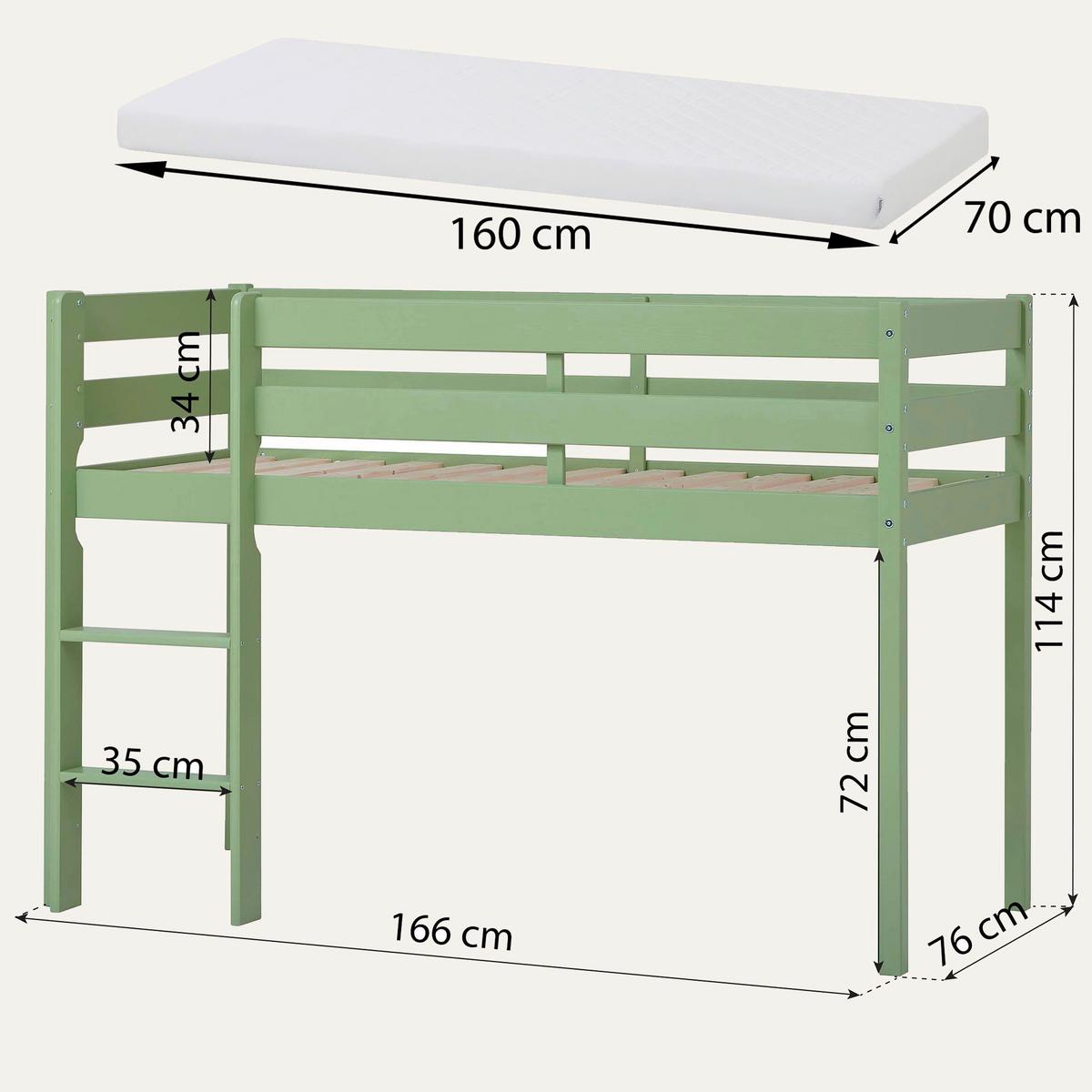 Hochbett Eco Comfort Grün, Lf: 70x160 Cm - Naturfarben/Grün, MODERN, Holz (70/160cm) - MID.YOU