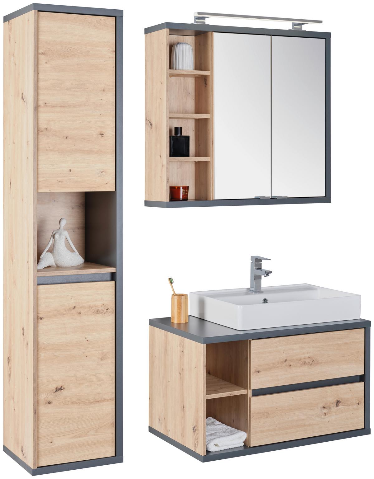 Waschbeckenunterschrank Camillo B: 80 Cm, Eichefarben - Weiß Hochglanz/Anthrazit, MODERN, Keramik/Holzwerkstoff (80/48/46cm)