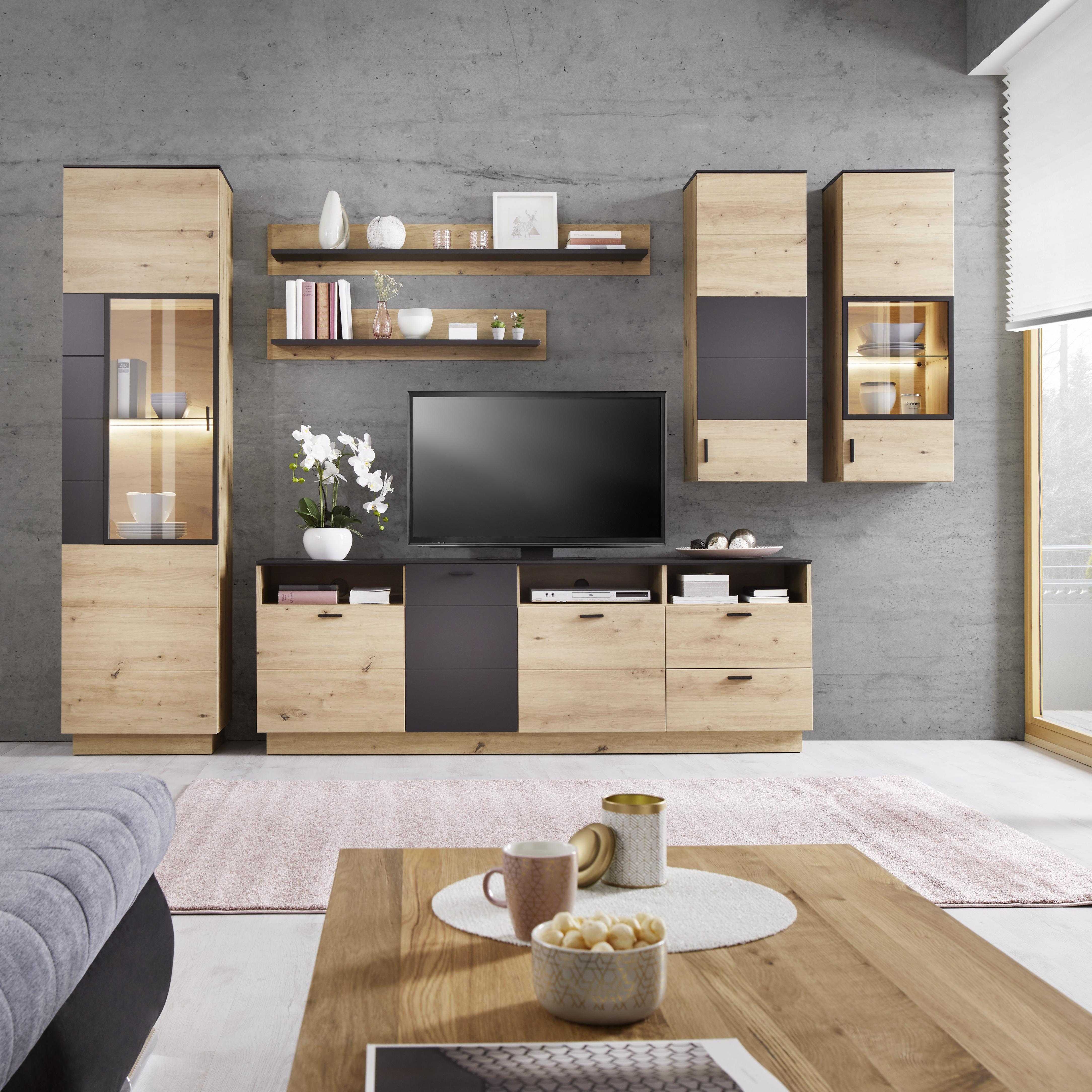 Wohnkombination Modern 6 -Teilig. Tonale 1, Eiche Dekor/Grau - MODERN (296,4/207,6/40cm)