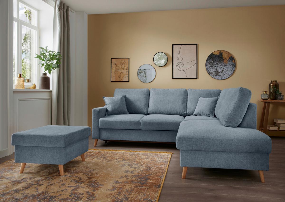 Hocker Valentina Buche Blau Siltz Gepolstert H: 43 cm - Blau/Naturfarben, KONVENTIONELL, Textil (61/43/61cm) - P & B