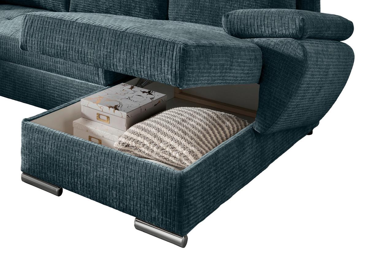Wohnlandschaft Terana Blau mit Schlaffunktion, Mikrofaser - Chromfarben/Blau, KONVENTIONELL, Textil (219/305/157cm) - Livetastic