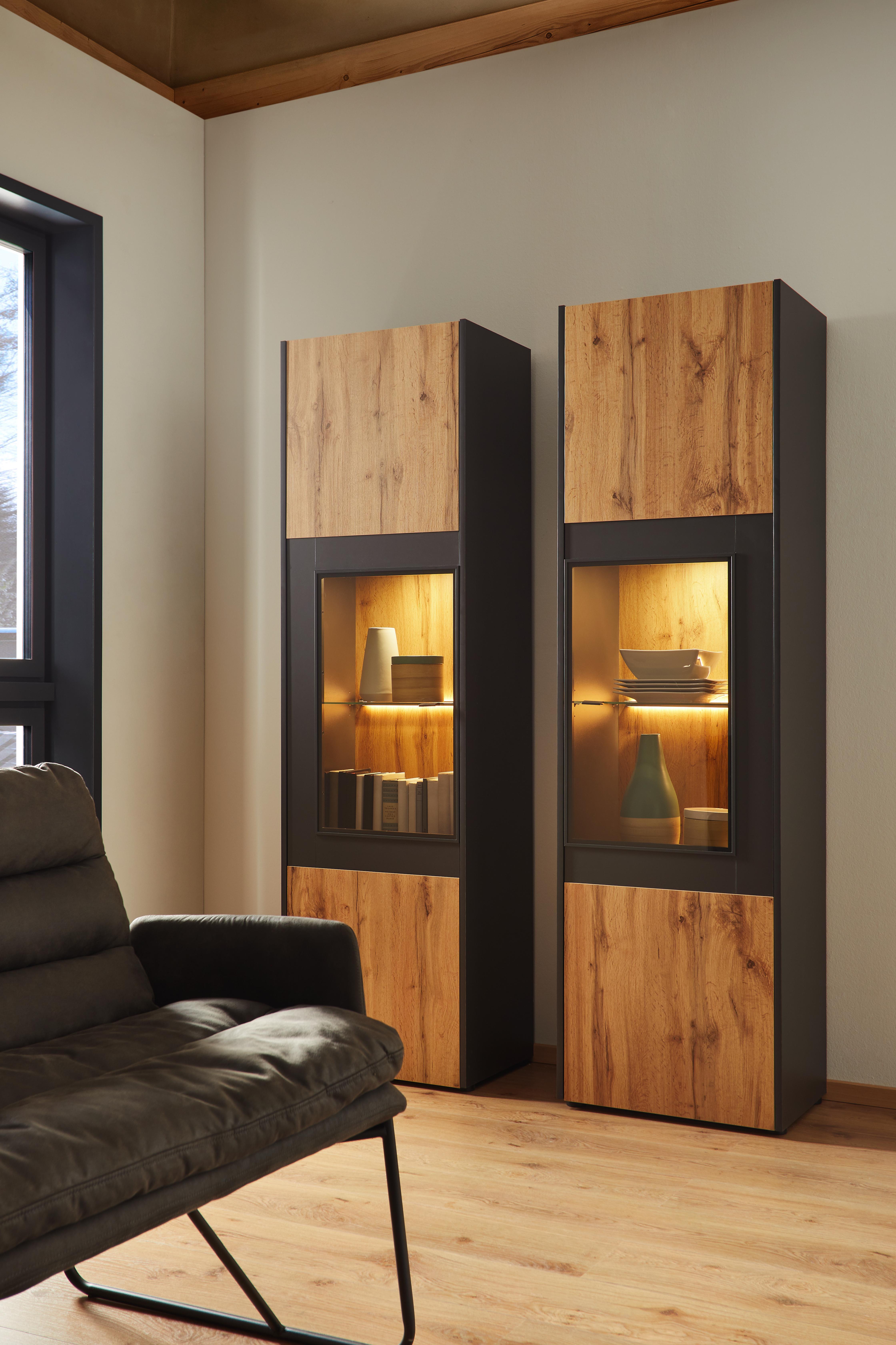 Vitrína Skagen - čierna/farby duba, Moderný, kov/kompozitné drevo (56/196/40cm) - Premium Living