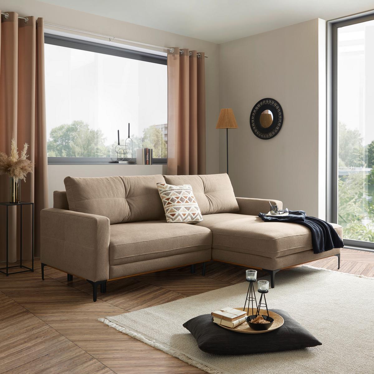 Rohová sedačka BERGAMO, pravá, světle hnědá - černá/světle hnědá, Moderní, kov/textil (238/162cm) - Ondega