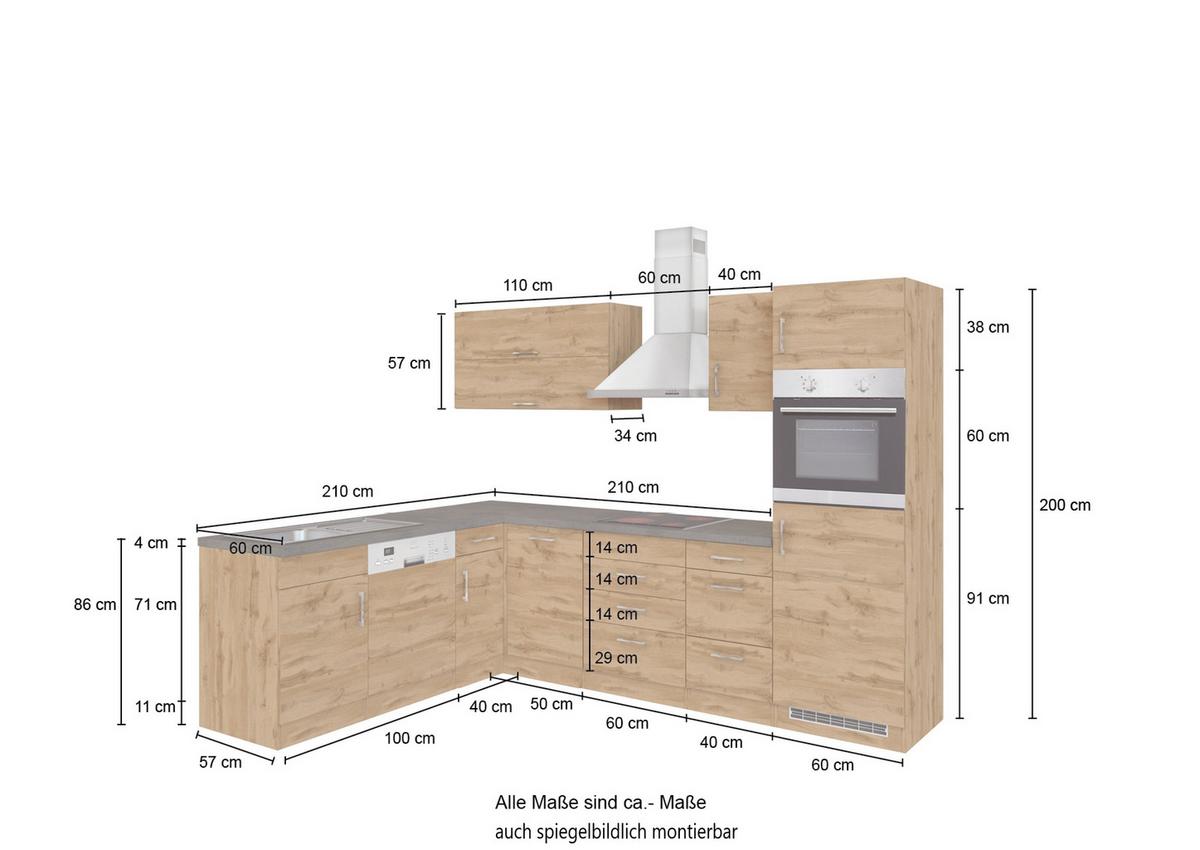 Eckküche Winkelblock Mit Geräte 270x210 cm Anthrazit - Anthrazit/Eiche Wotan, MODERN, Holzwerkstoff (210/270cm) - Held