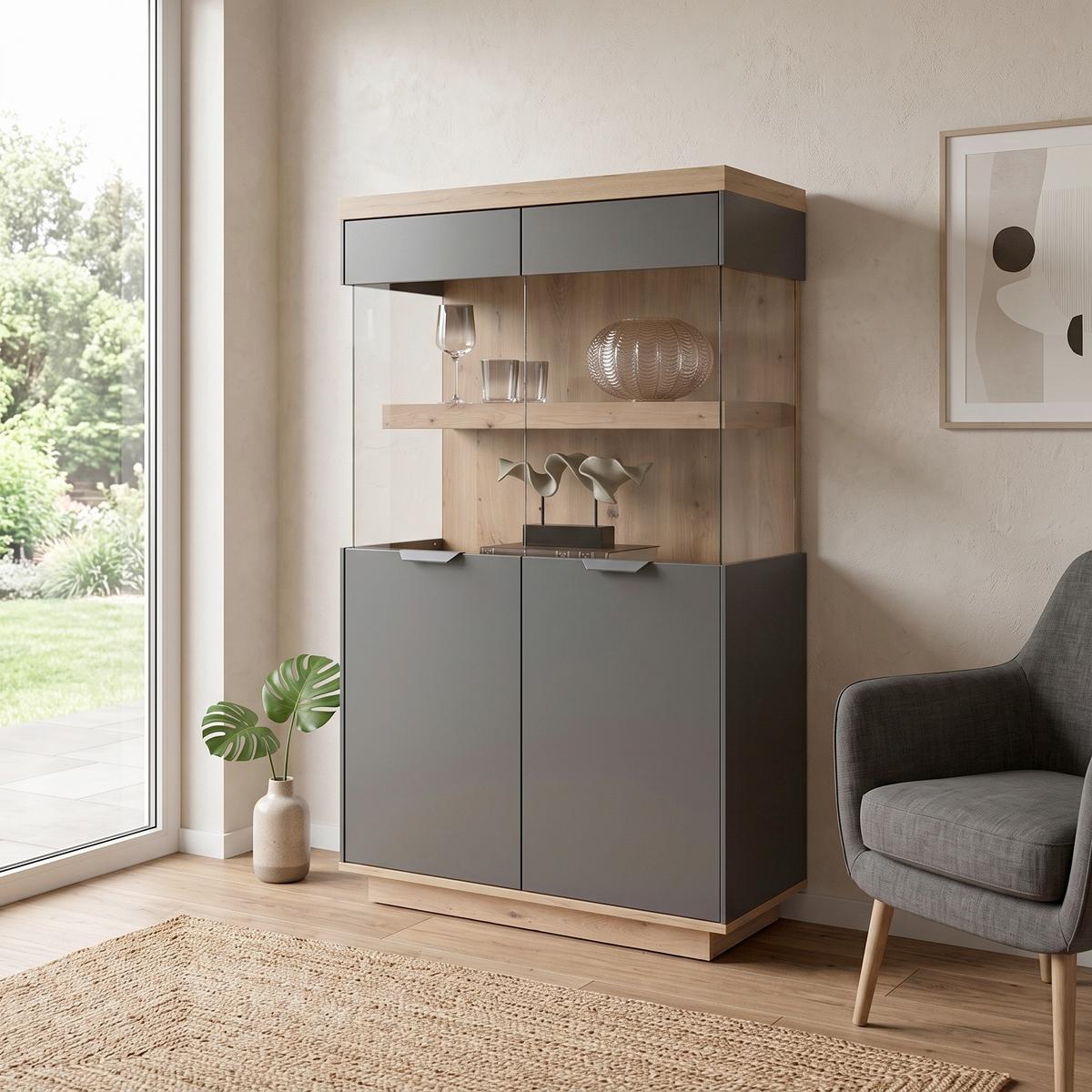 Highboard Jake Anthrazit/Eiche Dekor B:89,1cm - Anthrazit/Eiche Artisan, Trend, Glas/Holzwerkstoff (89,1/137/38cm)