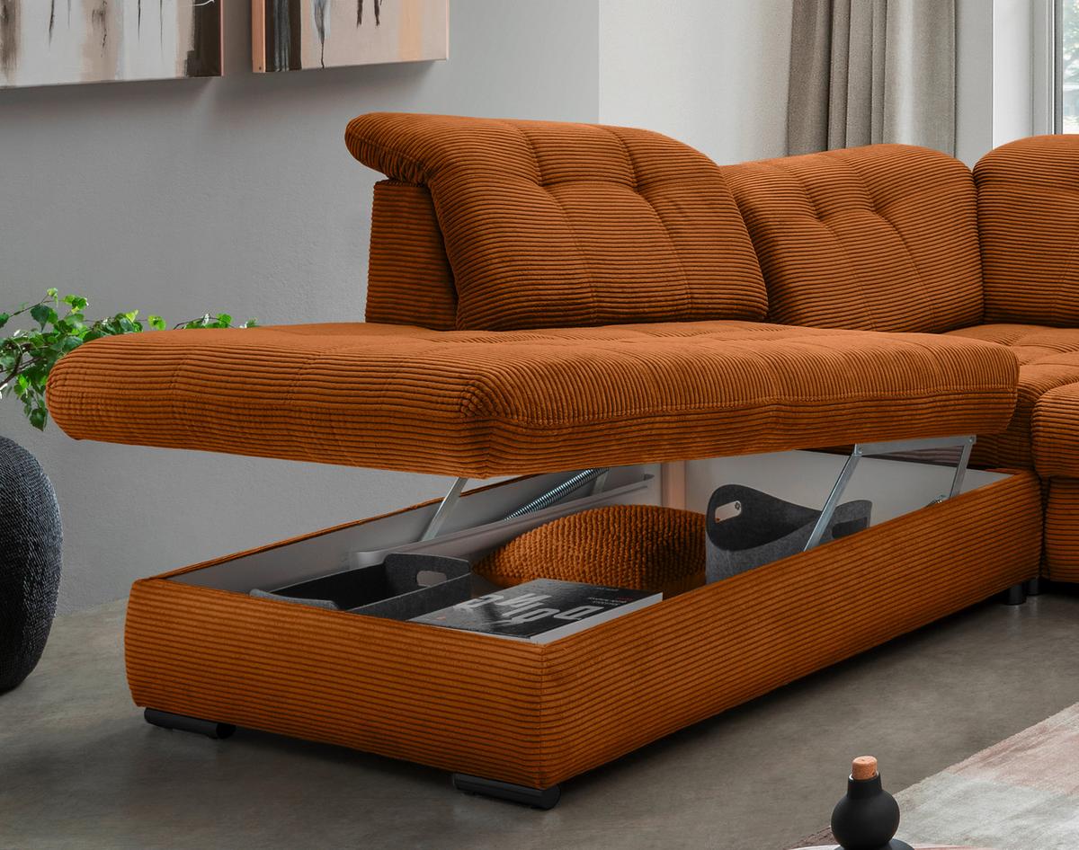 Wohnlandschaft mit Bettkasten Rigatti Goldfarben B: 387 cm - Goldfarben/Schwarz, MODERN, Textil (252/387/184cm) - Livetastic